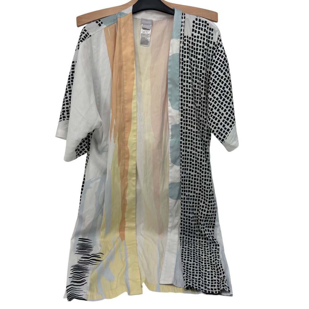 Chicos Womens Abstract Geometric Open Front Kimono Wrap Multicolor XXS/XS